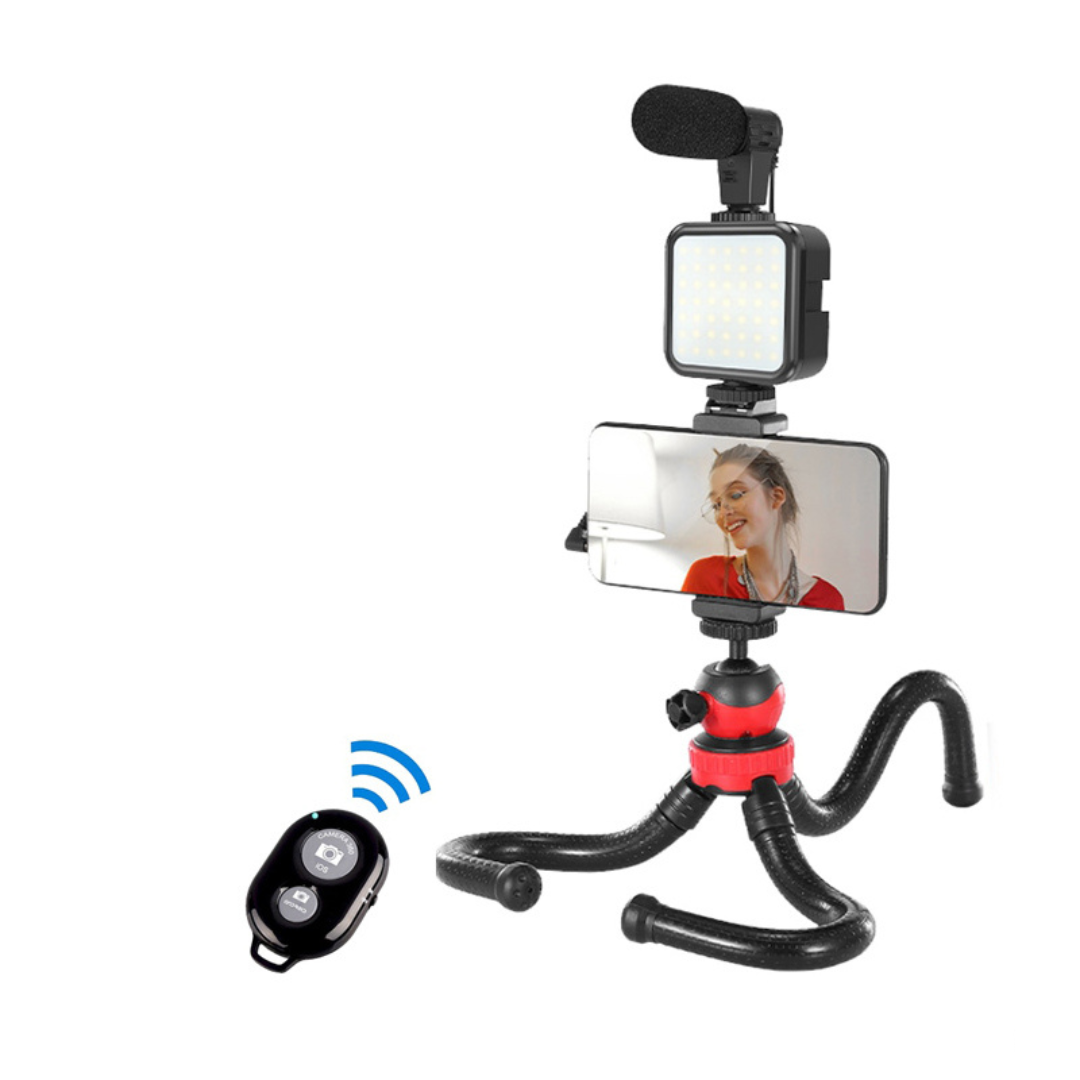 Kit Vlogging para Smartphone 04LM: Trípode Flexible + Luz LED USB + Micrófono + Control Remoto (Youtuber/TikTok)