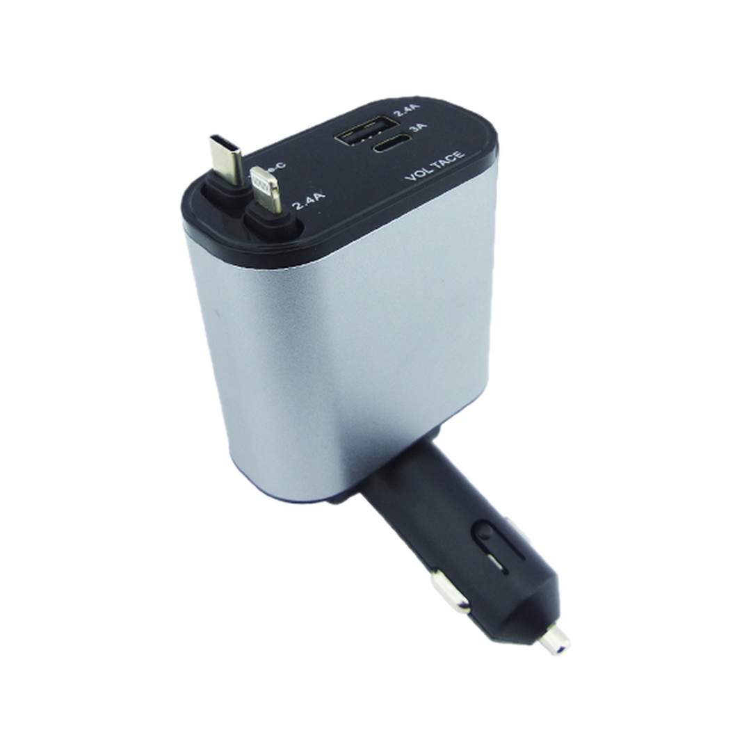 Cargador 120W Fast Charge USB-PD con 2 Cables Retráctiles (Type-C + iPhone/Lightning) – Para Auto (12V)