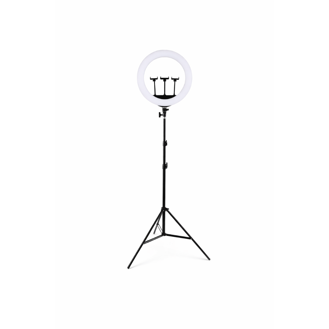 Aro LED 22” Profesional con Atril 2,10 m, 3 Tonos de Luz, 3 Soportes para Teléfonos, 2 USB y Control Remoto