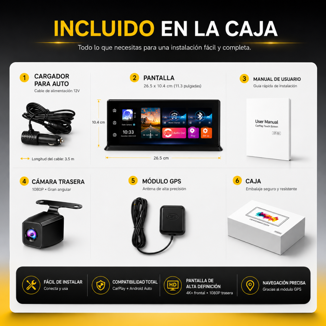 Pantalla Portátil 11,3” para Auto con CarPlay Inalámbrico + Android Auto, Dash Cam 4K y Conectividad FM/AUX (DVR) - 60 Hz - Imagen 4
