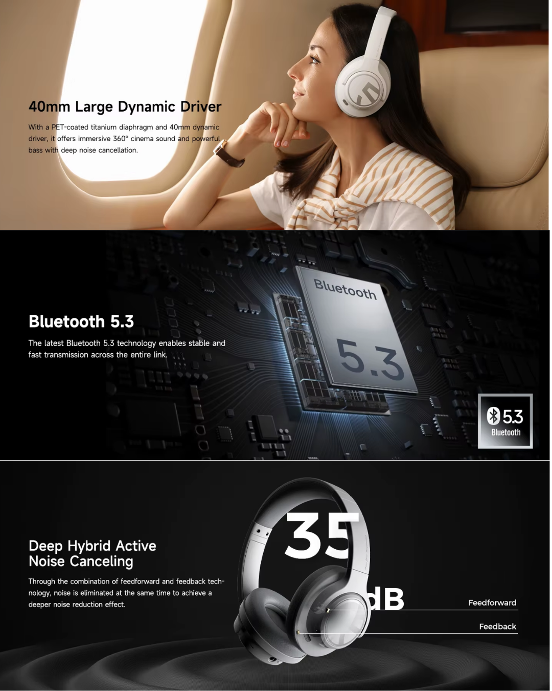 Audífonos over-ear SOUNDPEATS Space Bluetooth 5.3 con ANC híbrido hasta 35 dB y batería 123 horas